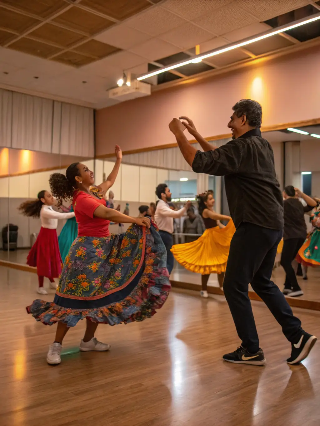 A vibrant scene from a traditional dance workshop, with participants of all ages moving to the rhythm, guided by an experienced dance instructor.