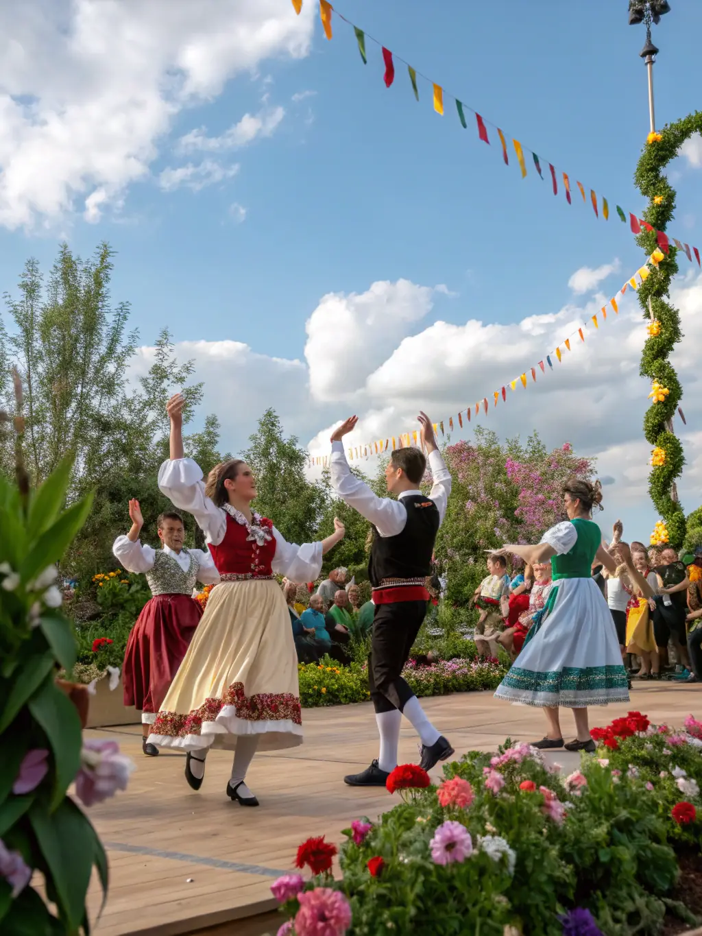 A colorful image of dancers performing a traditional folk dance during a cultural festival organized by Association Flèche Thoraille.